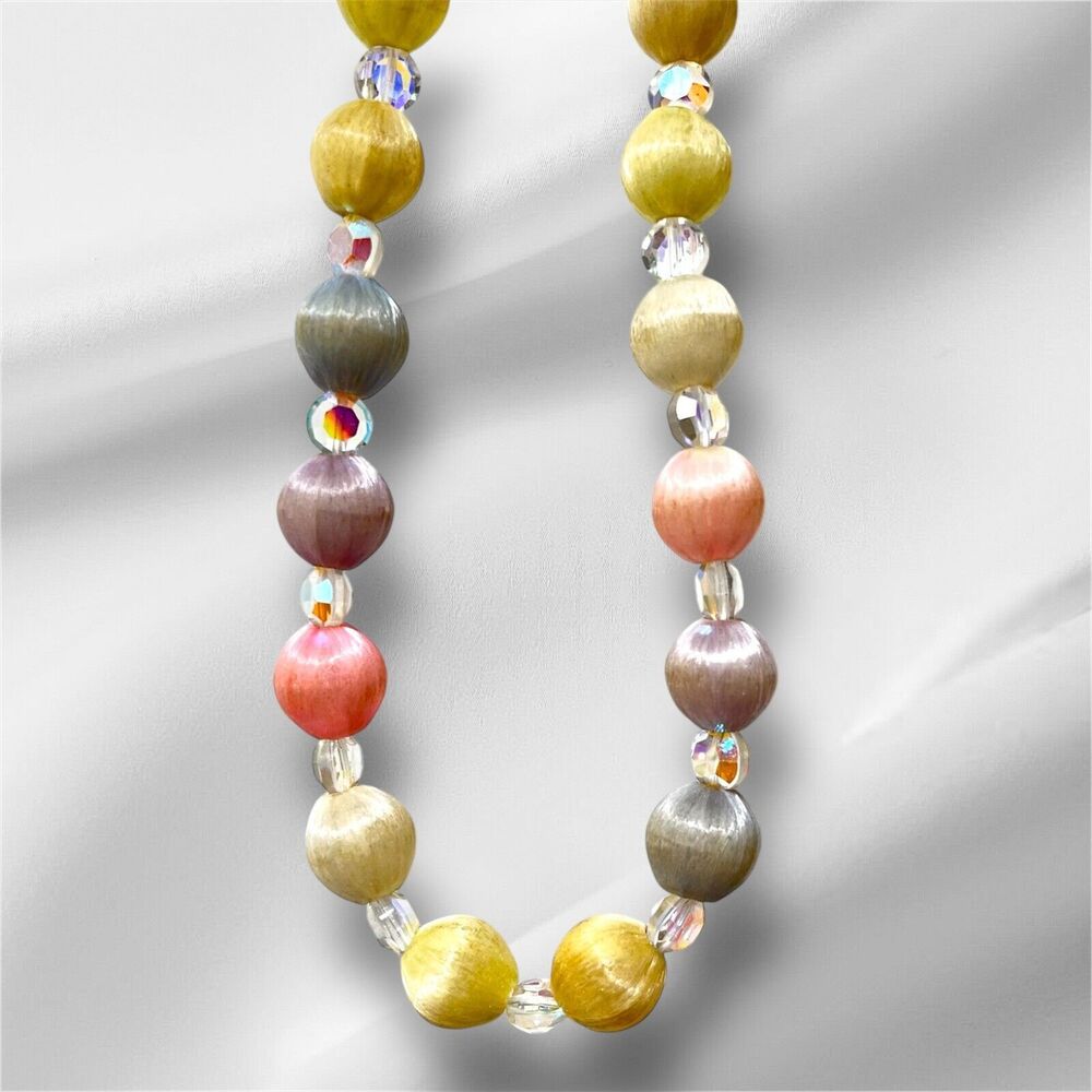 VTG Satin Thread Wrapped Bead Necklace Pastel AB Crystal Spacers Filigree Clasp